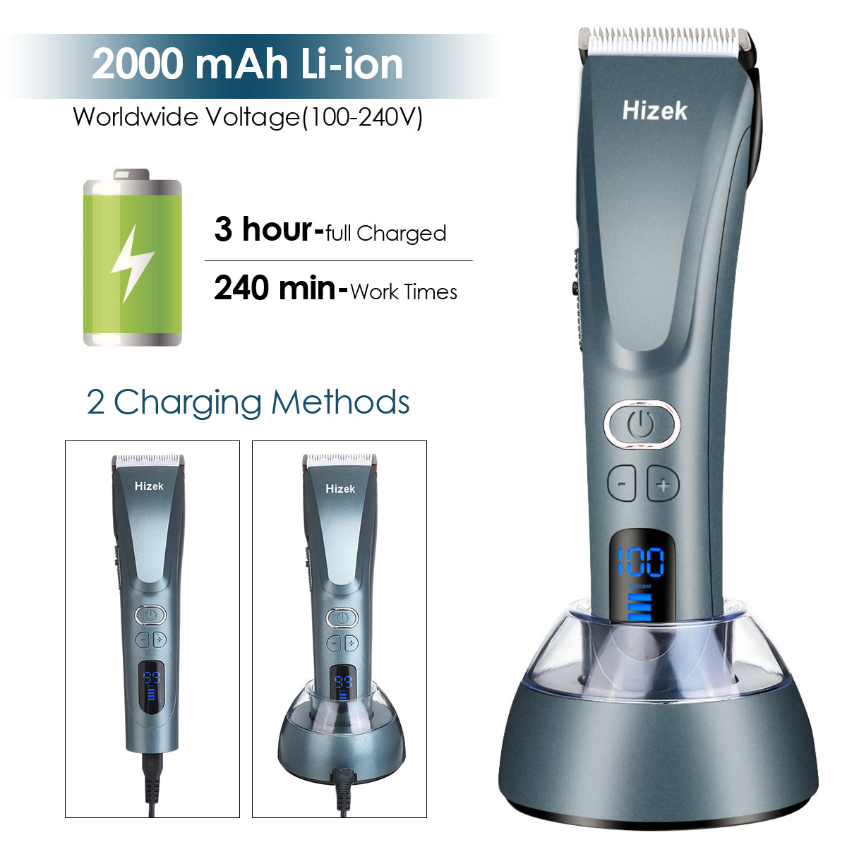 Hair Clippers for Men,Hizek Beard Trimmer Professional Cordless Hair Trimmer with 3 Adjustable Speeds,LED Display,USB Charging Stand and 6 Attachment Guide Combs,for Family Use