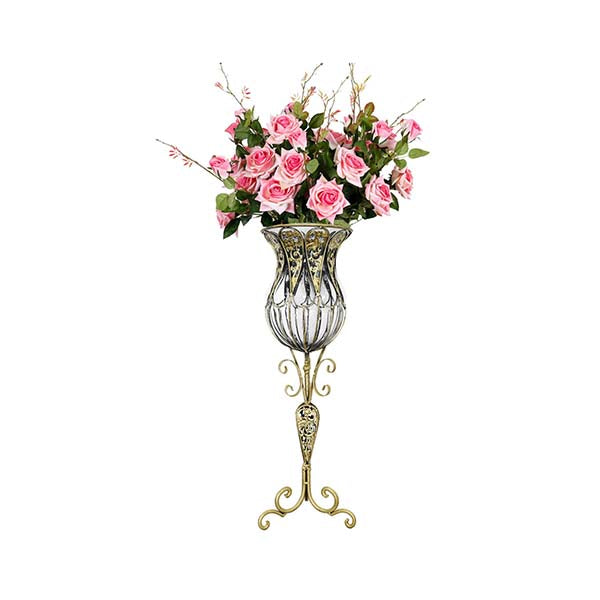 85Cm Clear Glass Floor Vase With 12Pcs Pink Artificial Flower Set