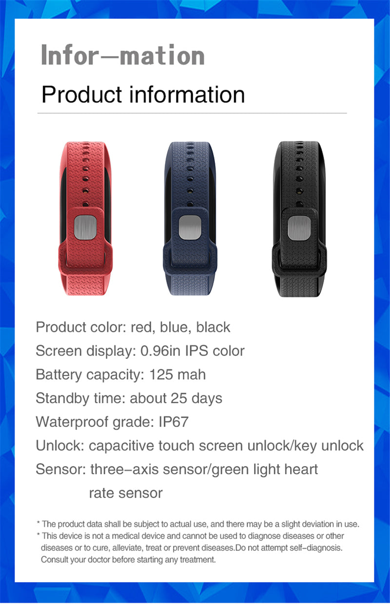 XANES® B63 0.96'' IPS Color Screen IP67 Waterproof Smart Watch Sleep Monitor Fitness Exercise Sports Bracelet Mi Band