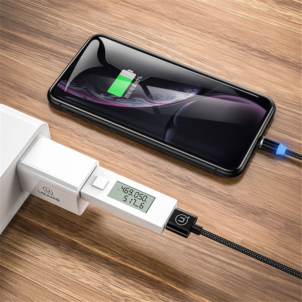 USAMS 2.4A Micro USB Type C Lightning LED Indicator Fast Charging Magnetic Data Cable For iPhone XS 11Pro Huawei P30 Pro P40 Mate 30 Mi10 K30 S20 5G