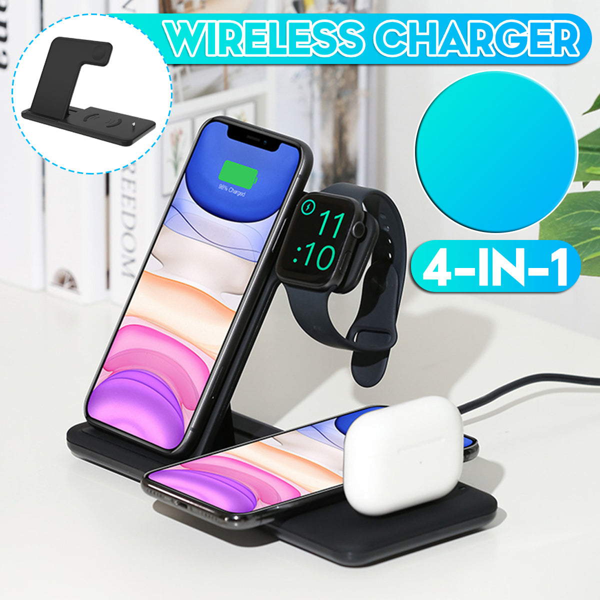 Bakeey 4 in 1 Foldable 15W Qi Fast Wireless Charger Stand Dock Station for Airpods Pro iWatch for iPhone 12 Pro Max for Samsung Galaxy Note S20 ultra for Huawei Mate40