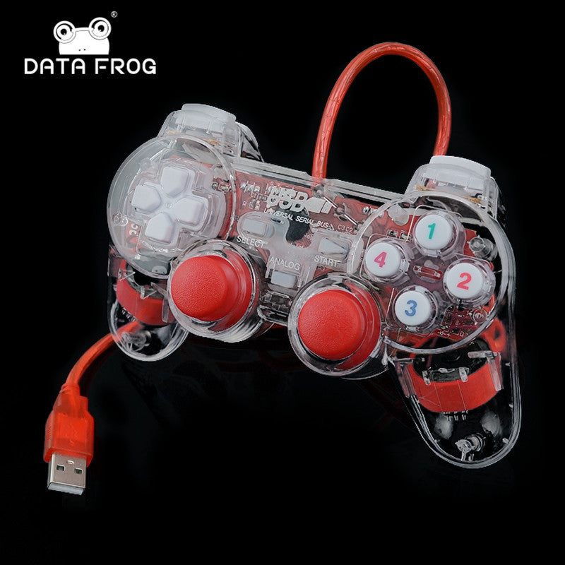 DATA FROG Transparent USB Wired Dual-vibration Feedback Gamepad Game Controller with Joystick for PC Games