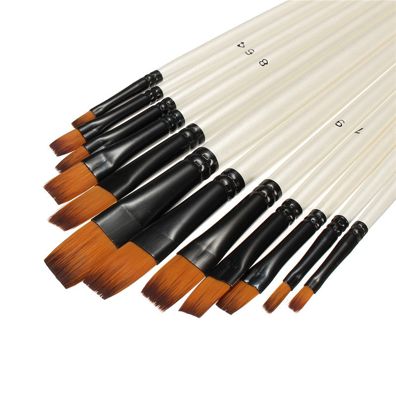 12Pcs/Set Nylon Artist Watercolor Paint Brush Acrylic Painting Brush Art Supplies Flat head Pointed