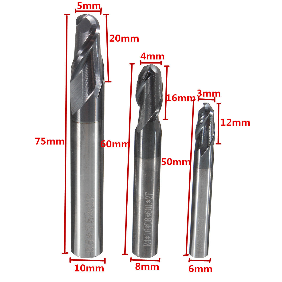 3Pcs 2 Flutes Ball Nose End Mill Tungsten Carbide HRC45 End Mill Blade Diameter 3mm/4mm/5mm