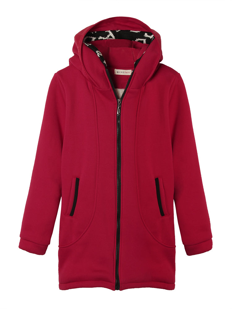 Slim Velvet Patchwork Pocket Long Zipper Hood Coat