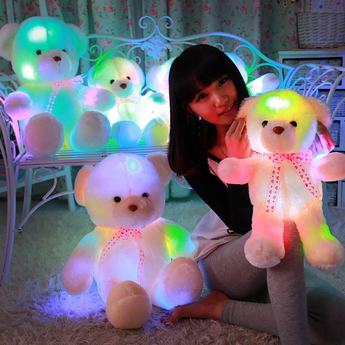 50CM Colorful Creative Glow LED Light Plush Bear Cushion Stuffed Doll Throw Pillow Toy For Friends Family Gift