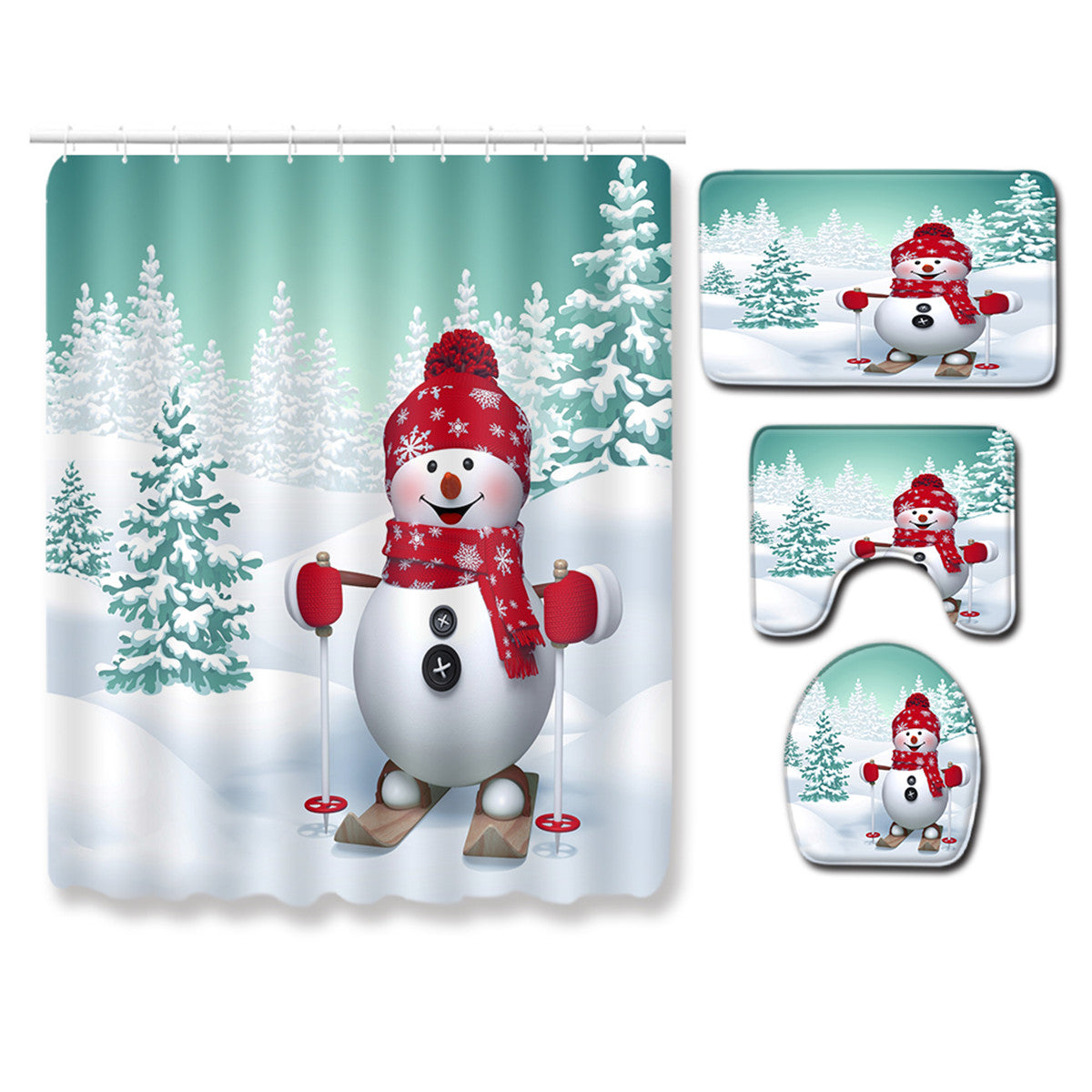 Christmas Shower Curtain Sets Snowman Santa Non-Slip Rugs Toilet Lid Cover and Bath Mat Waterproof Bathroom Curtains for Home Decor