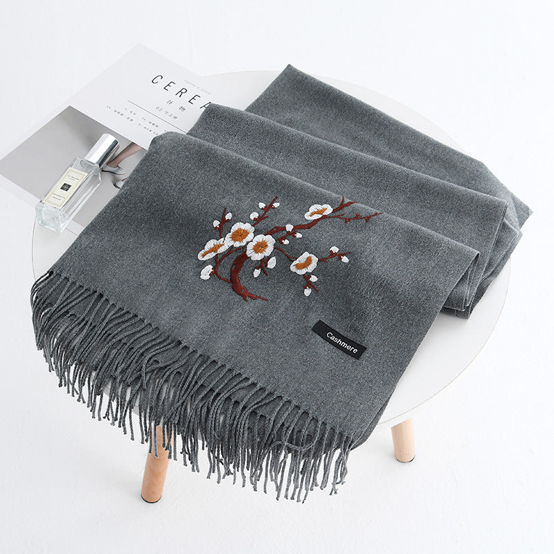Women Winter Cashmere-Like Plum Embroidery Tassel Scarf