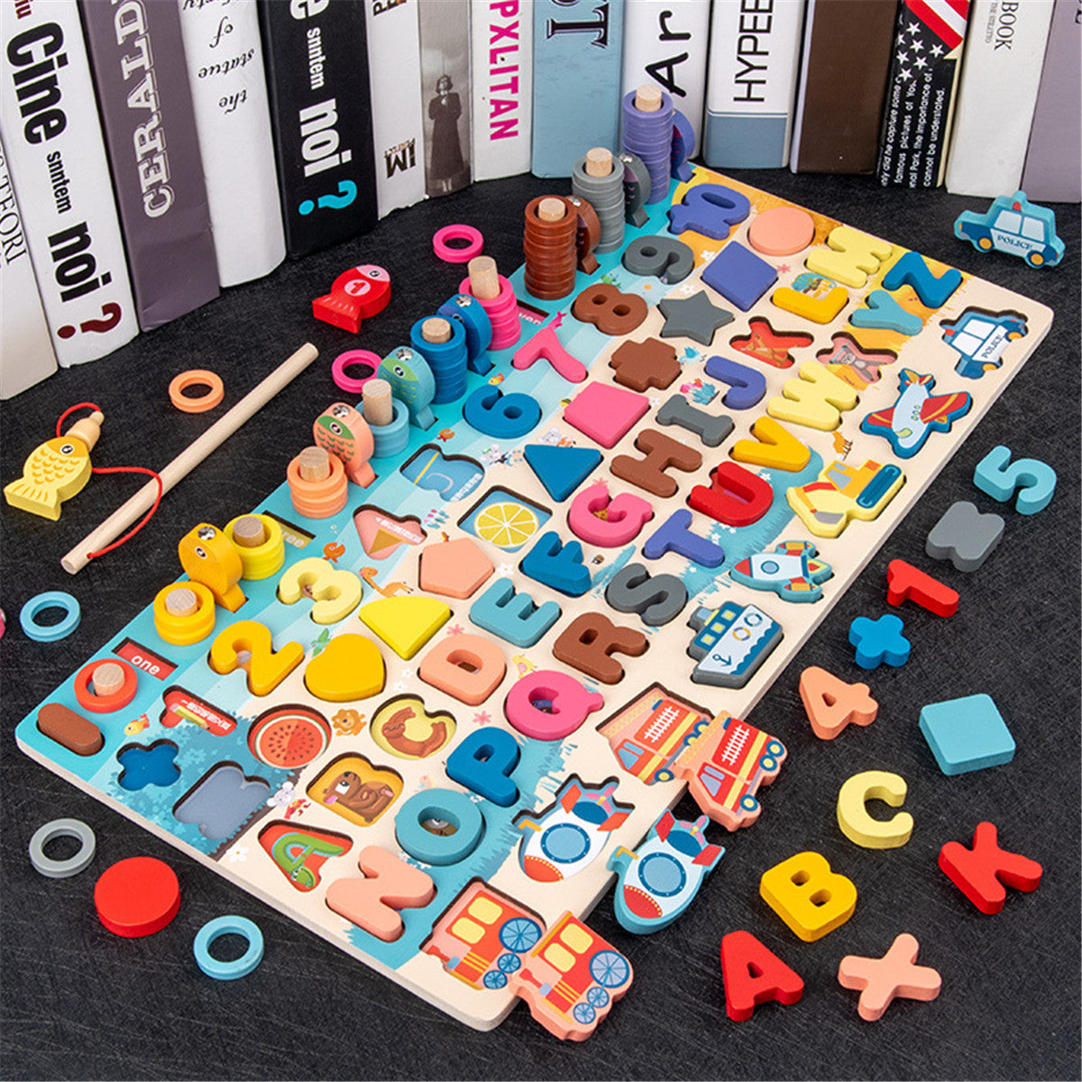7 IN 1 Multi-Shape Wooden Colorful Jigsaw Puzzle Funny Fishing Early Education Toy for Kids Birthday Present