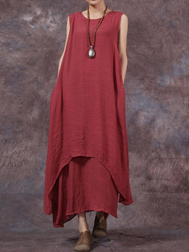 Vintage Sleeveless Solid Color Maxi Dress