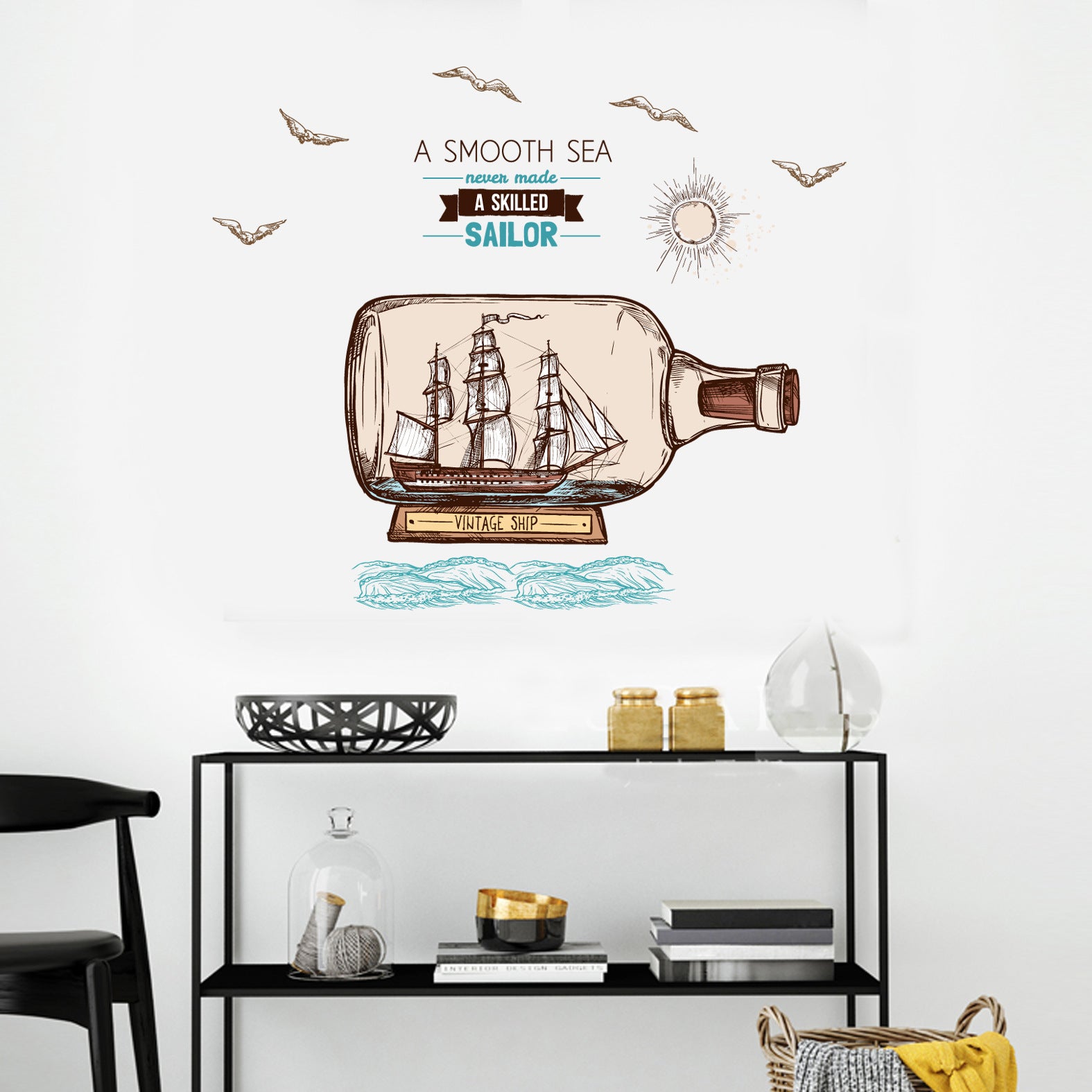 Miico Creative Cartoon Sea Drift Bottle Sailboat PVC Removable Home Room Decorative Wall Door Decor Sticker