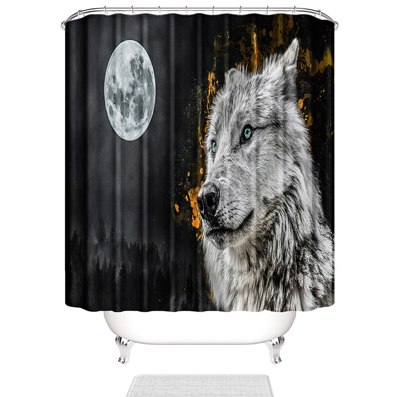 HUANGLING Shower Curtain Gray Wolf 12 Hooks Set Waterproof Polyester Bathroom Decor