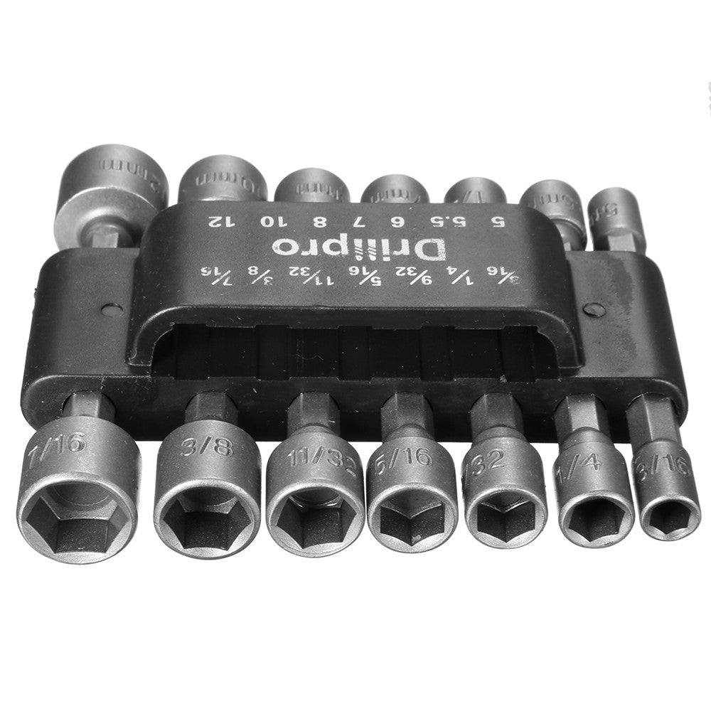 Drillpro 14pcs 1/4 Inch Hex Shank Power Nut Driver Drill Bit Set SAE Metric Socket Wrench Screw Screwdriver