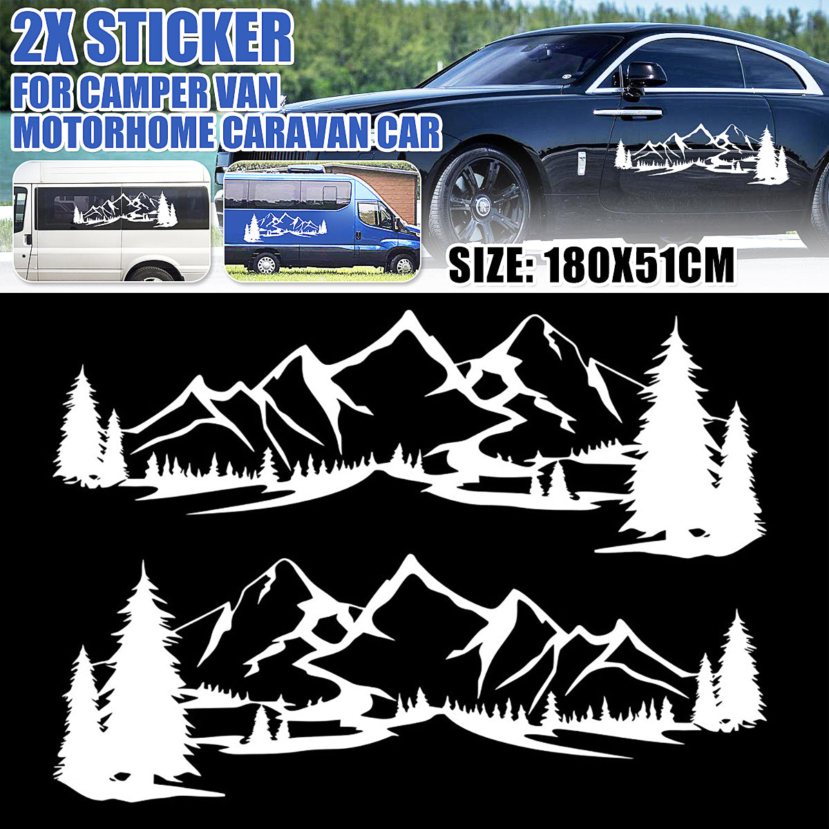 2PCS Decal Stickers Side Body Large Mountains For Camper Motorhome Van Caravan RVS