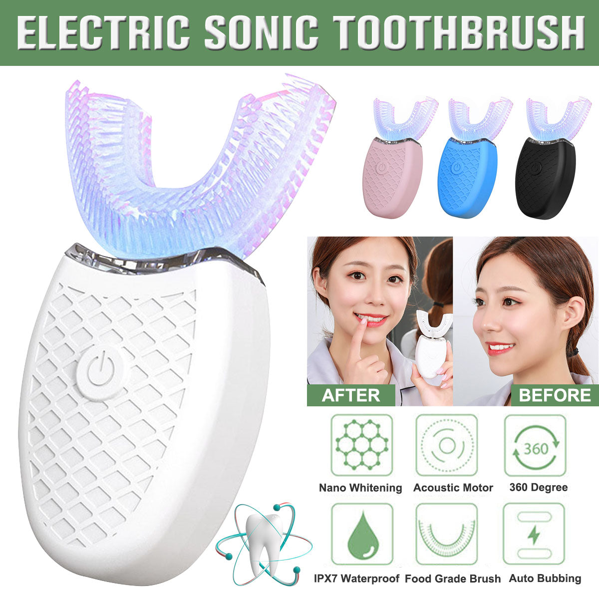 Ultrasonic Fully Automatic 360° Electric Toothbrush U-shaped LED Light Clean Teeth Whiten Oral Cleaning