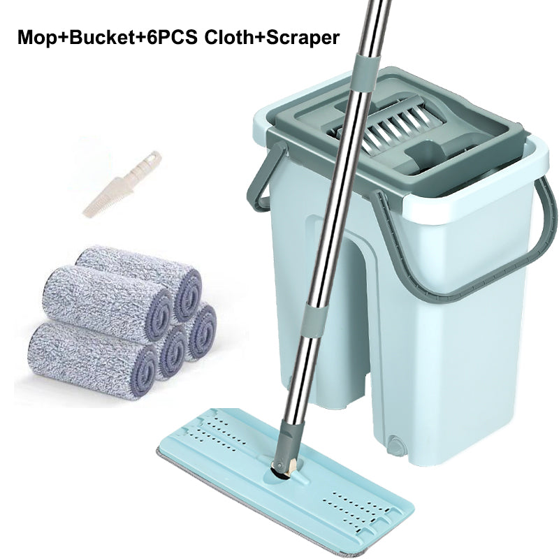 Retractable Flat Mop Bucket 2/6 Microfiber Pads Hands Free Self Cleaning
