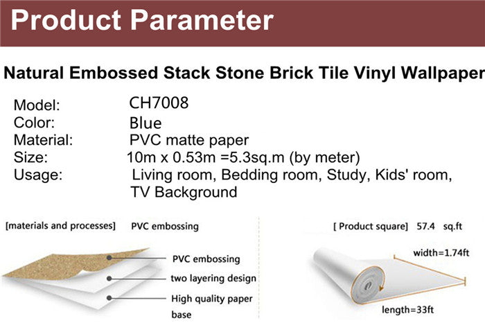 10m Vintage 3D Effect Natural Embossed Stack Stone Brick Tile Vinyl Wallpaper Home Wall Decor