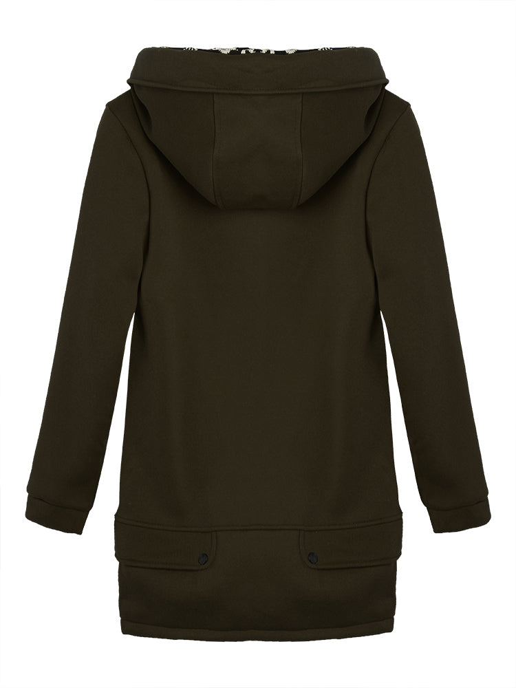 Slim Velvet Patchwork Pocket Long Zipper Hood Coat
