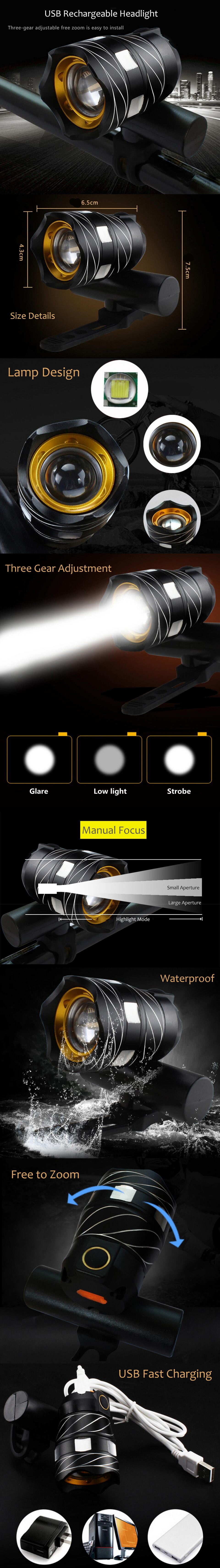 XANES ZL01 800LM T6 Bicycle Light Three Modes Zoomable Night Riding USB Rechargeable Waterproof
