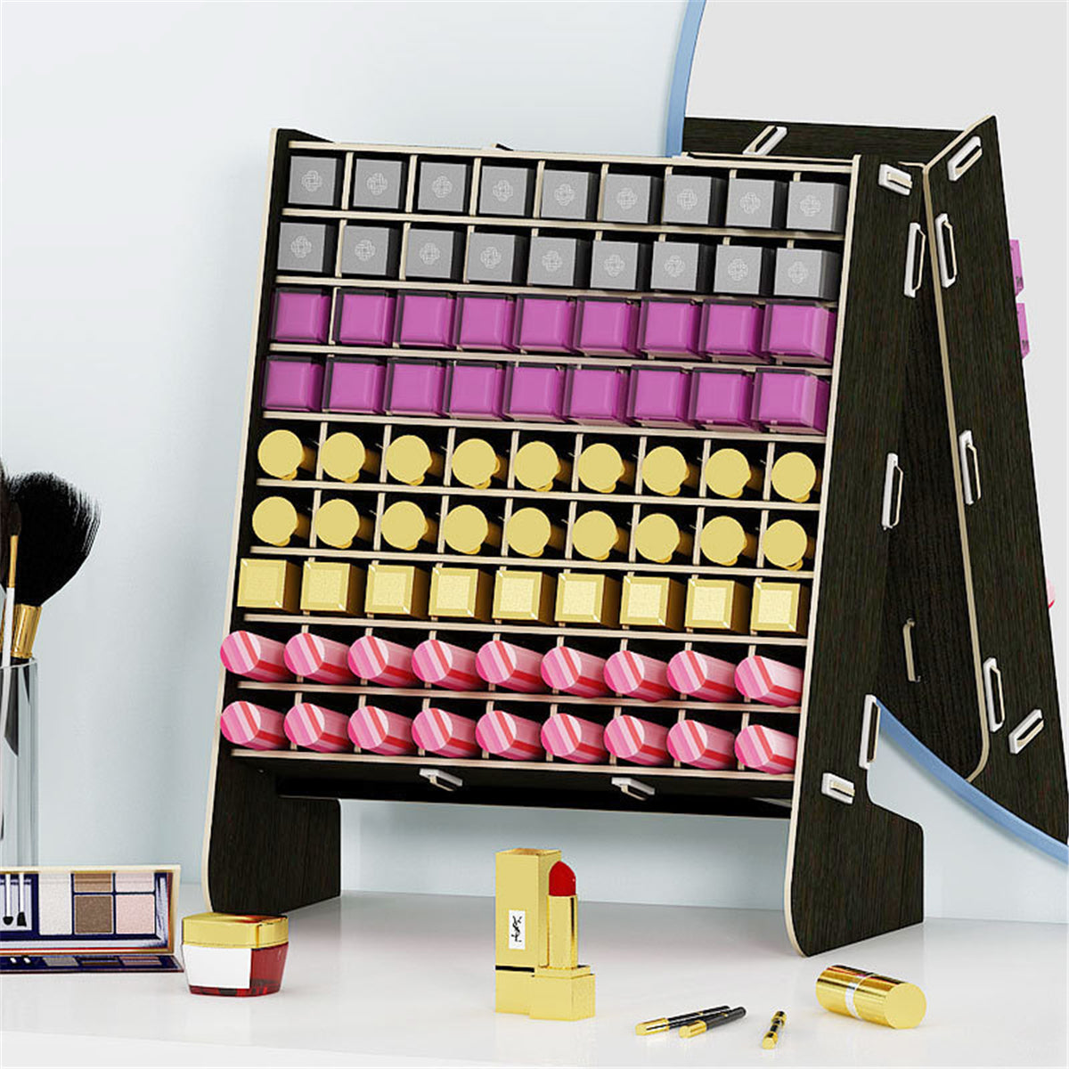 81 Grids Wooden Lipstick Desktop Storage Rack Nail Polish Organizer Display