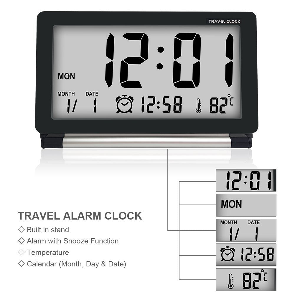 Loskii DC-11 Electronic Alarm Clock Travel Clock  Multifunction Silent LCD Digital Large Screen Folding Desk Clock With Temperature Date Time Calendar