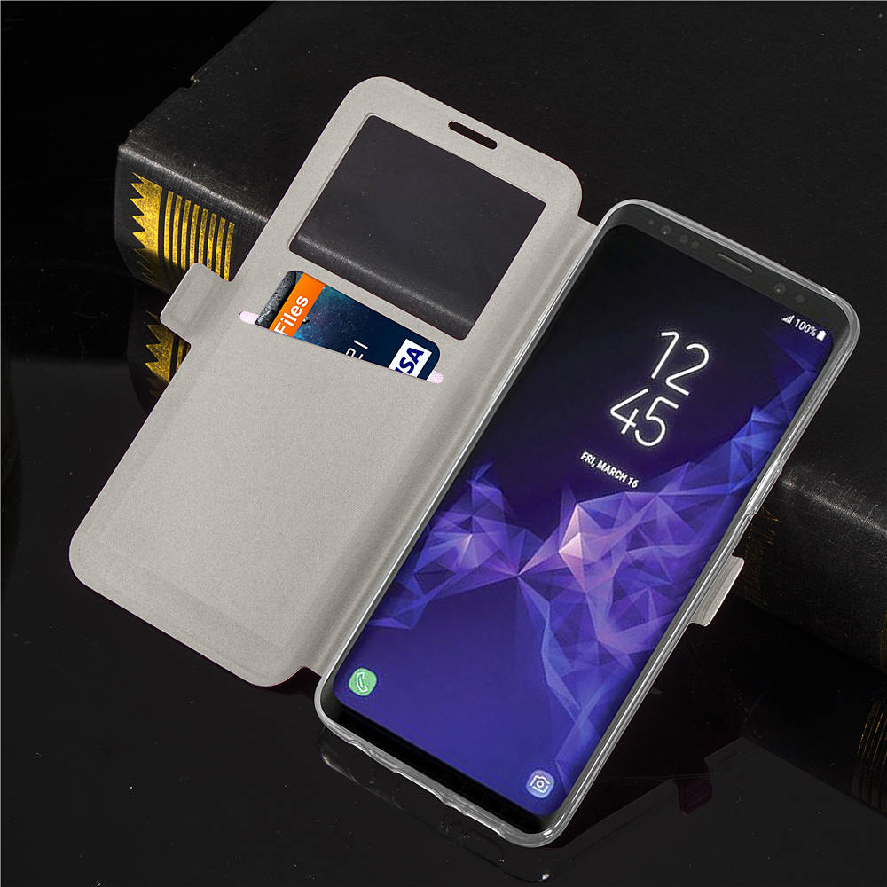 Window View Magnetic Flip Bracket Card Slot TPU Leather Protective Case for Samsung Galaxy S9 Plus