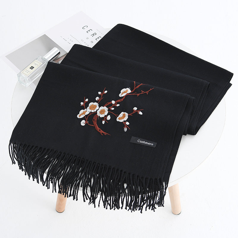 Women Winter Cashmere-Like Plum Embroidery Tassel Scarf