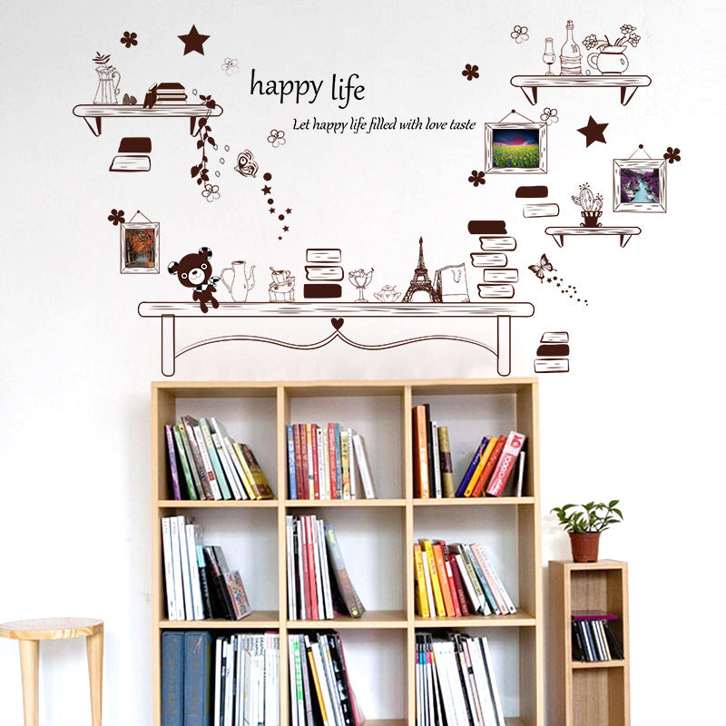 Cartoon Desk Photo Frame Kids Bedroom Wall Sticker Bear And Stars DIY Quote Happy Life Art Decal