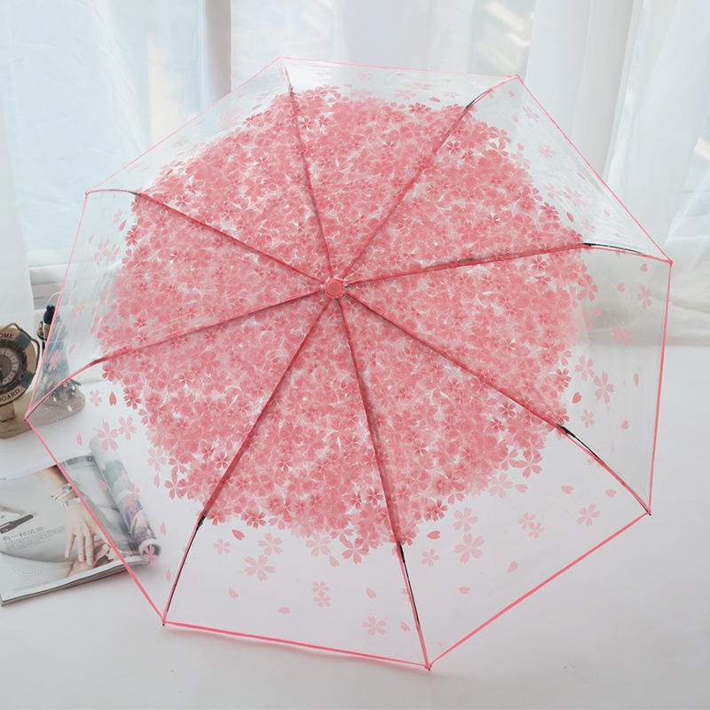 SaicleHome PEVA Romantic Cherry Blossoms Transparent Umbrella Folding Umbrella Sun Rain Gear