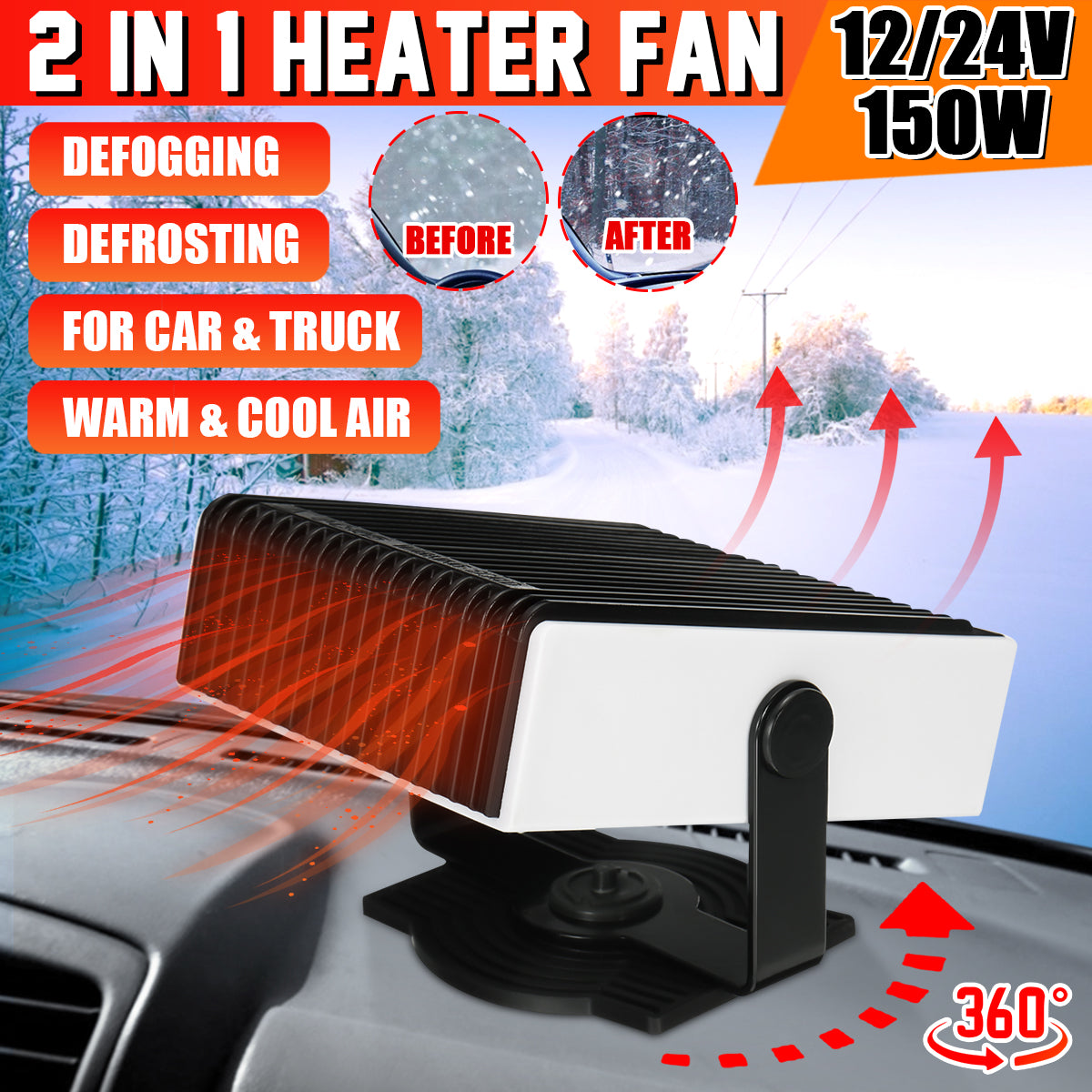 150W 2 in 1 12V Car Truck Auto Heater Fan Windscreen Window Demister Defroster Car Accessories Winter Portable Car Defroster Heater