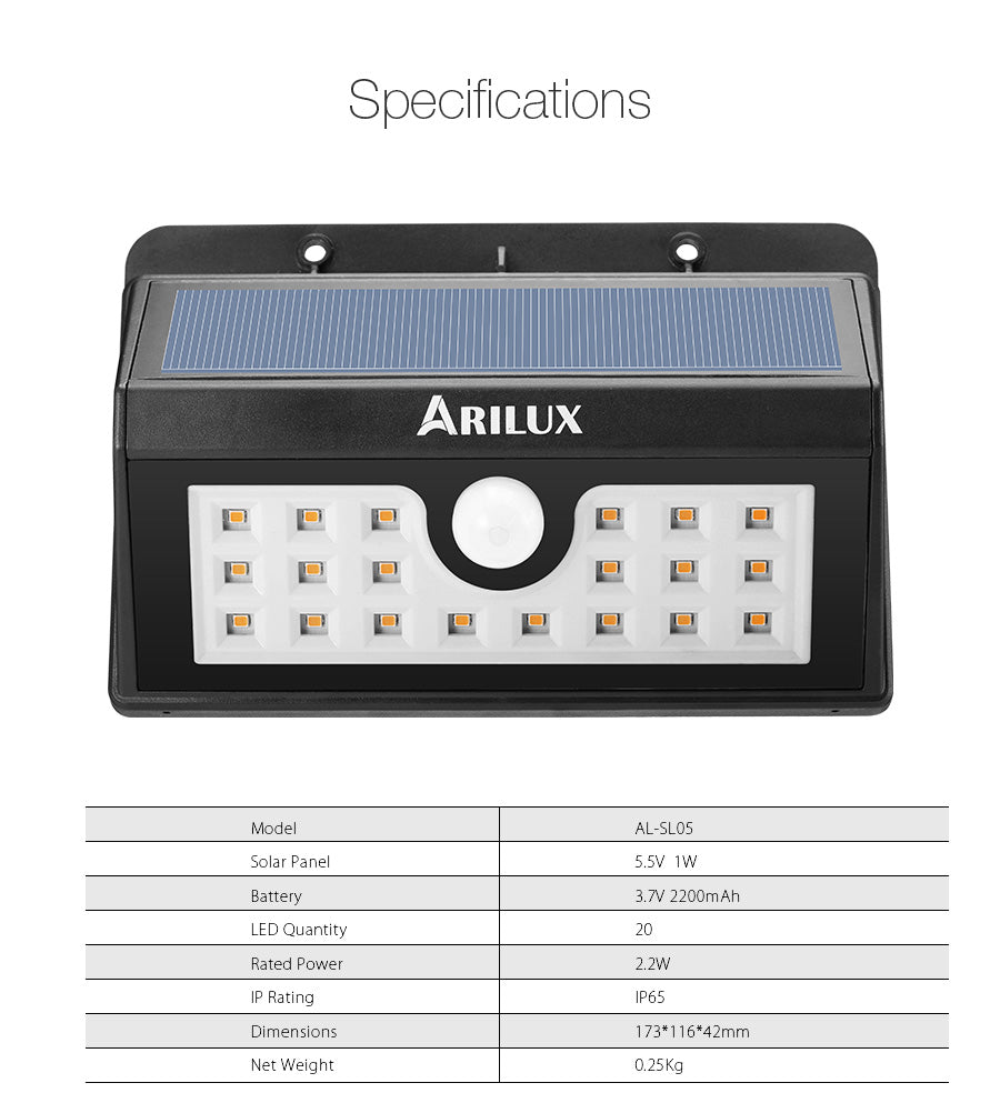 ARILUX® PL-SL 05 Wireless Solar 20 LED Waterproof PIR Motion Sensor Outdoor Warm White Wall Light