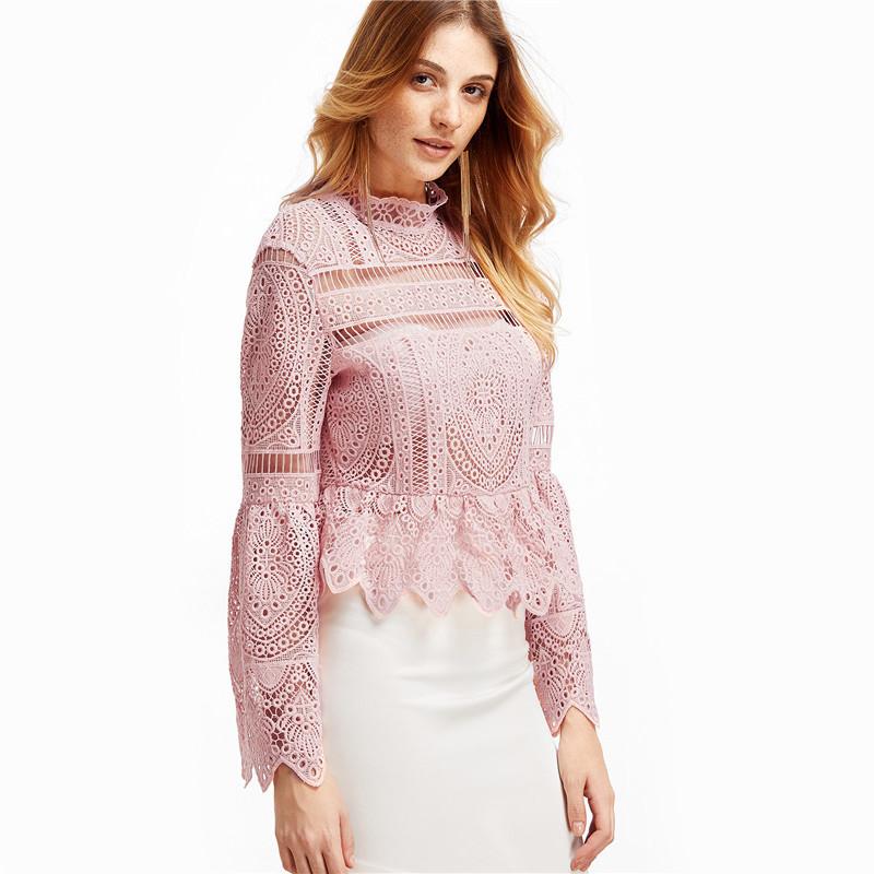 SheInes Long Sleeve Top for Women Long Sleeve Women Shirts Women Fashion Pink Lace Flare Sleeve - Flickdeal.co.nz