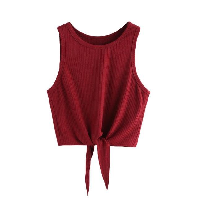 SheInes Summer Style Tank Top For Ladies Woman Plain Round Neck Sleeveless Tie Front Ribbed Crop Tank Top - Flickdeal.co.nz