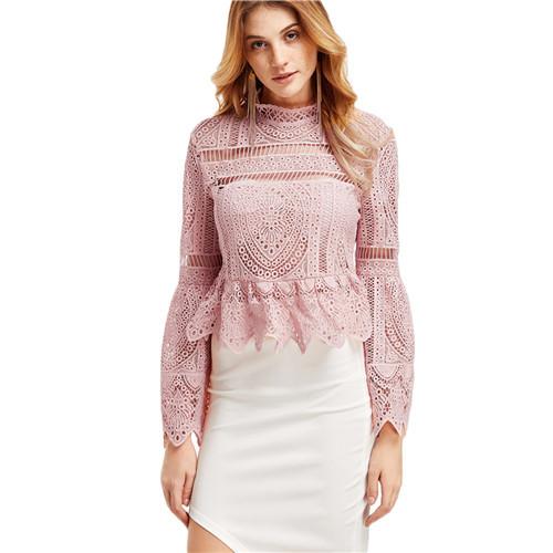 SheInes Long Sleeve Top for Women Long Sleeve Women Shirts Women Fashion Pink Lace Flare Sleeve - Flickdeal.co.nz