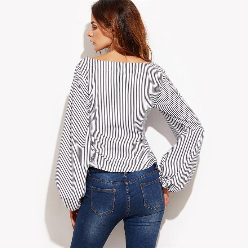 SheInes Women Blouses Black and White Striped Long Sleeve Womens Tops - Flickdeal.co.nz