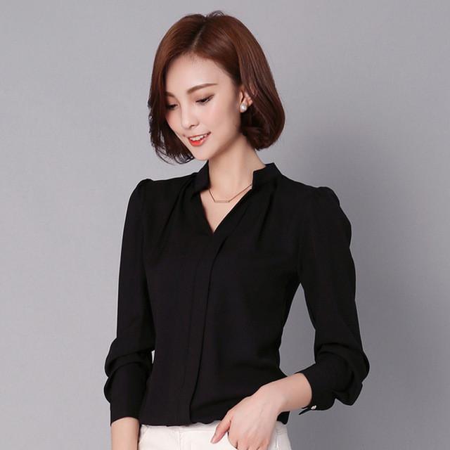 Red Black White Chiffon Blouse Women Long Sleeve Elegant Ladies Office Shirts - Flickdeal.co.nz