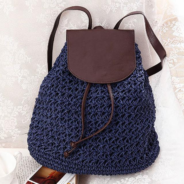 Drawstring Straw Bag Hollow Out School Bag Knitting Backpacks for Women-4 Colors - Flickdeal.co.nz