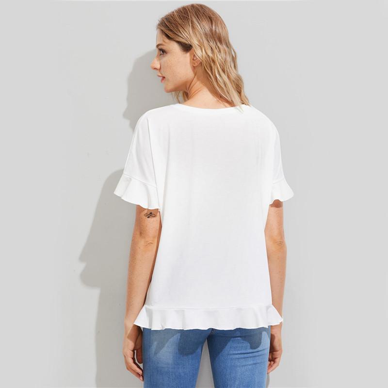 White Floral Patch Frill Short Sleeve Women T-shirts Tops - Flickdeal.co.nz