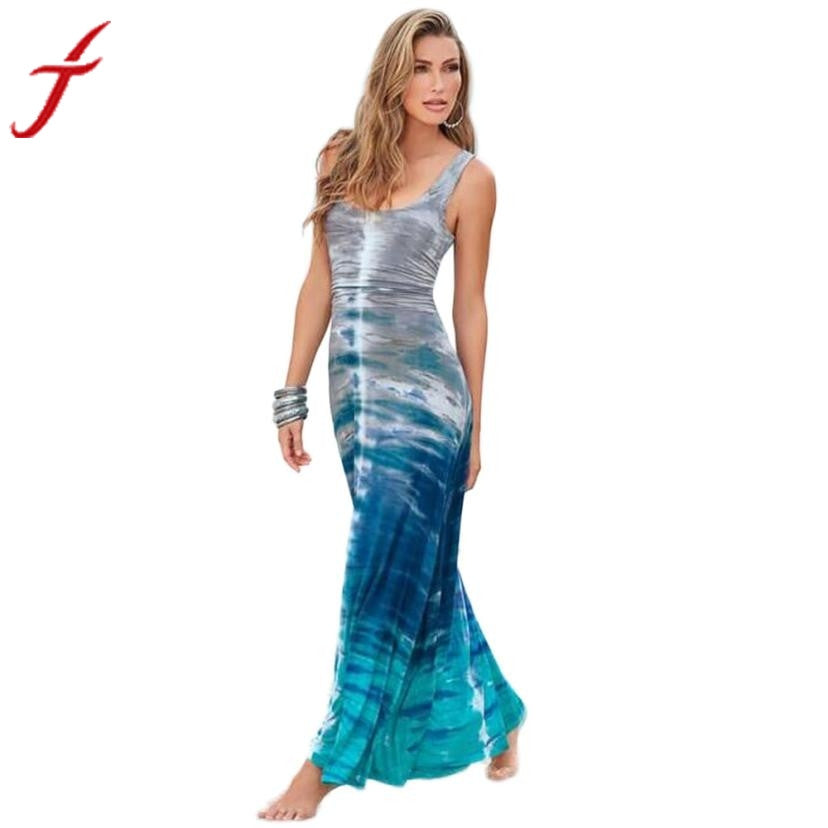 Summer Beach Print Women Dresses 2018  Fashion Sleeveless Lady Party Dress  O-Neck Gradient Color Dress Slim Dresses #LSIW - Flickdeal.co.nz