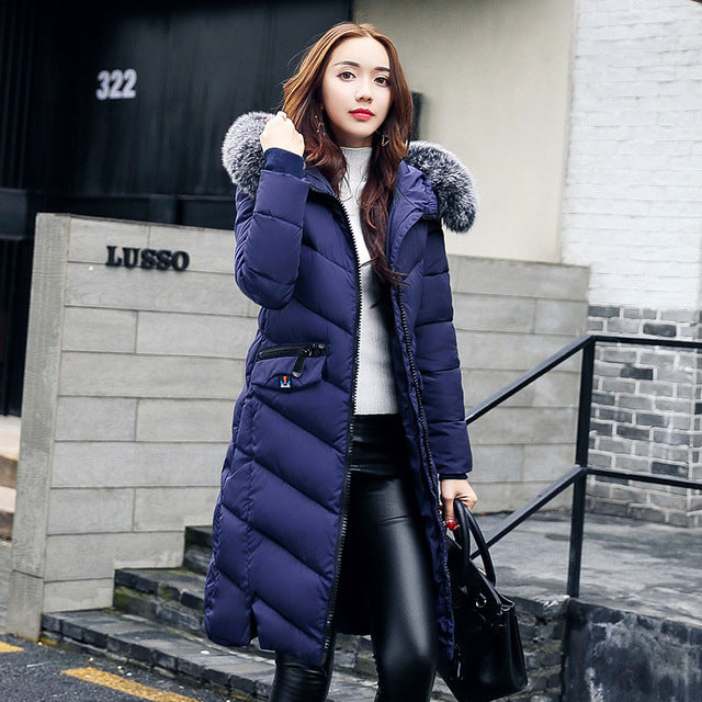 New Fashion Women jacket - long winter big fur feather padded women slim thick warm jacket