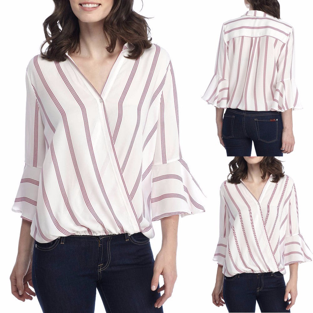 Womens  Ladies Casual Striped Shirt Three Quarter Sleeve Top Tank Blouse - Flickdeal.co.nz