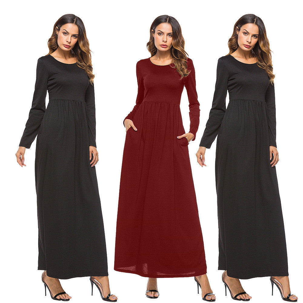 Women Dress Pocket O Neck Long Sleeve Dress Evening Party Long Dress AR45 - Flickdeal.co.nz
