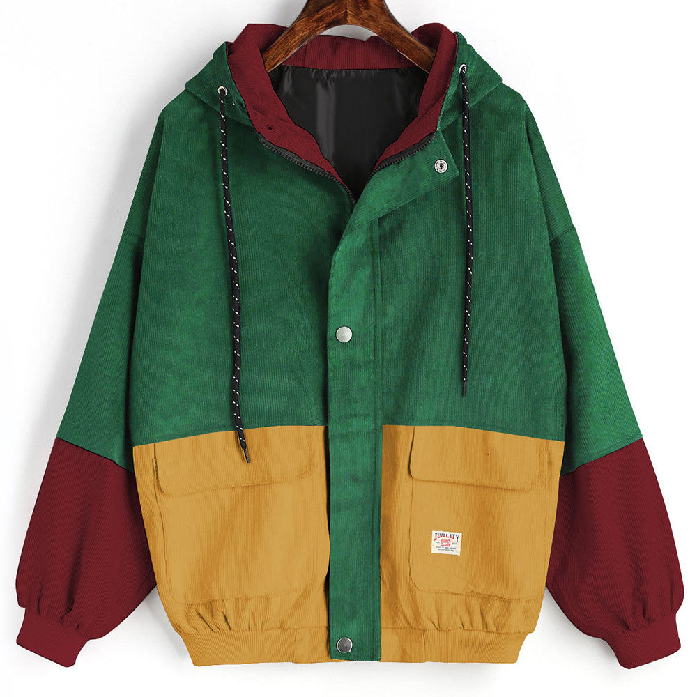 Women Long Sleeve Corduroy Patchwork Oversize Jacket Windbreaker Coat Overcoat - Flickdeal.co.nz