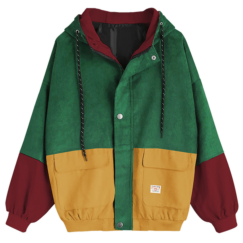 Women Long Sleeve Corduroy Patchwork Oversize Jacket Windbreaker Coat Overcoat - Flickdeal.co.nz