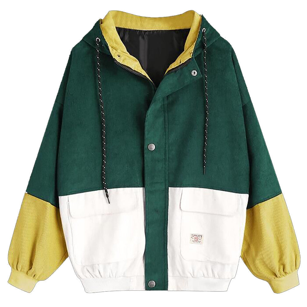 Women Long Sleeve Corduroy Patchwork Oversize Jacket Windbreaker Coat Overcoat - Flickdeal.co.nz
