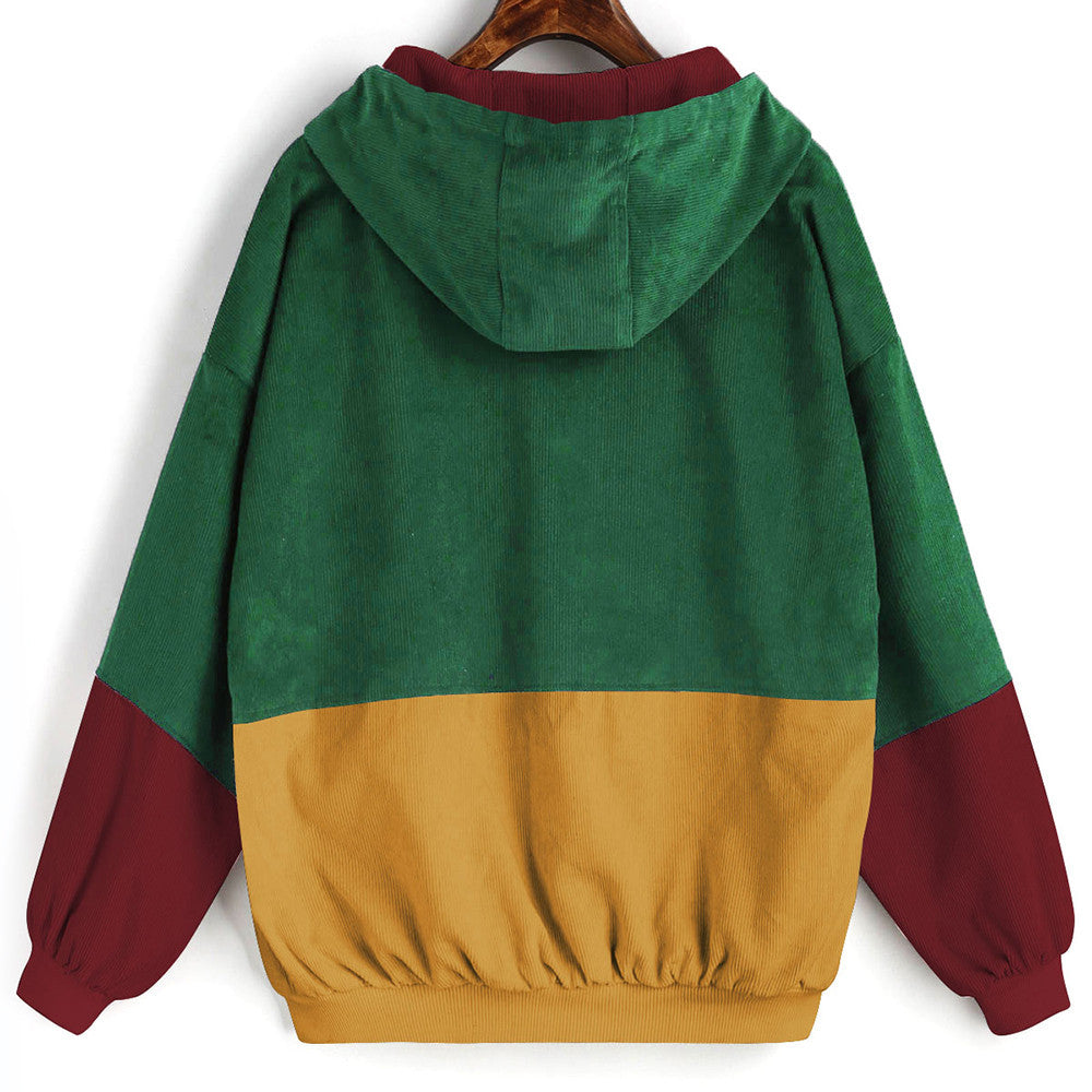 Women Long Sleeve Corduroy Patchwork Oversize Jacket Windbreaker Coat Overcoat - Flickdeal.co.nz