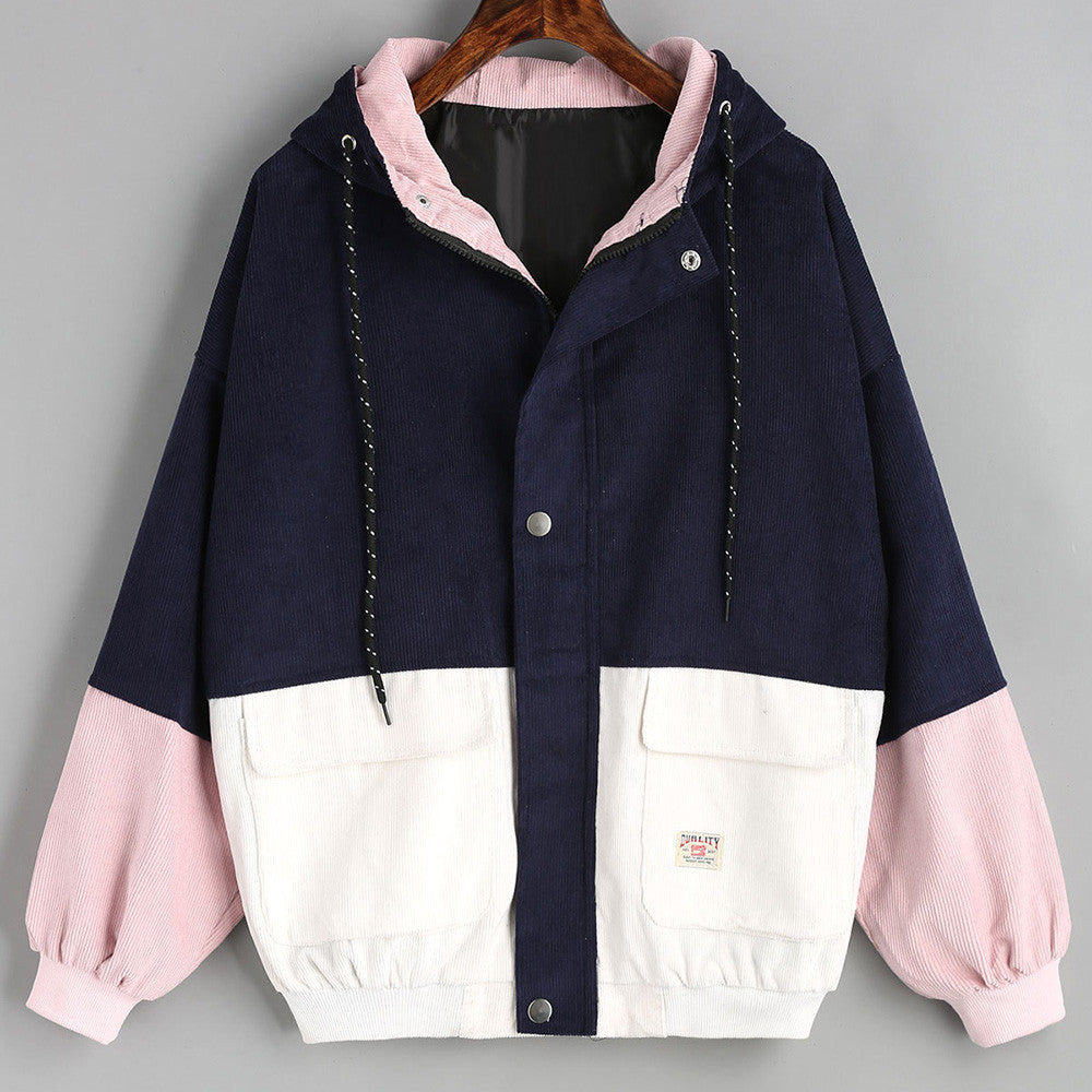 Women Long Sleeve Corduroy Patchwork Oversize Jacket Windbreaker Coat Overcoat - Flickdeal.co.nz