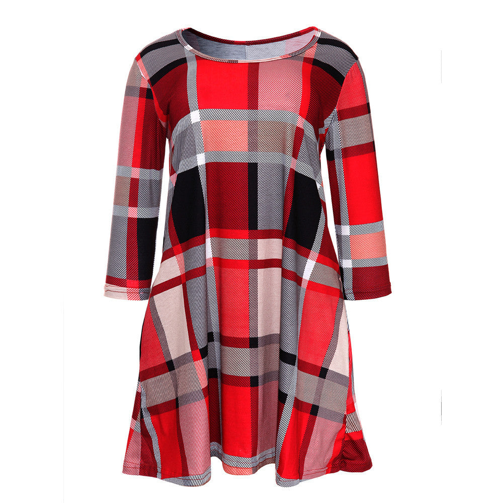 Womens Plaid Print Scoop Neck Casual Swing Tunic Mini Dress With Pockets - Flickdeal.co.nz