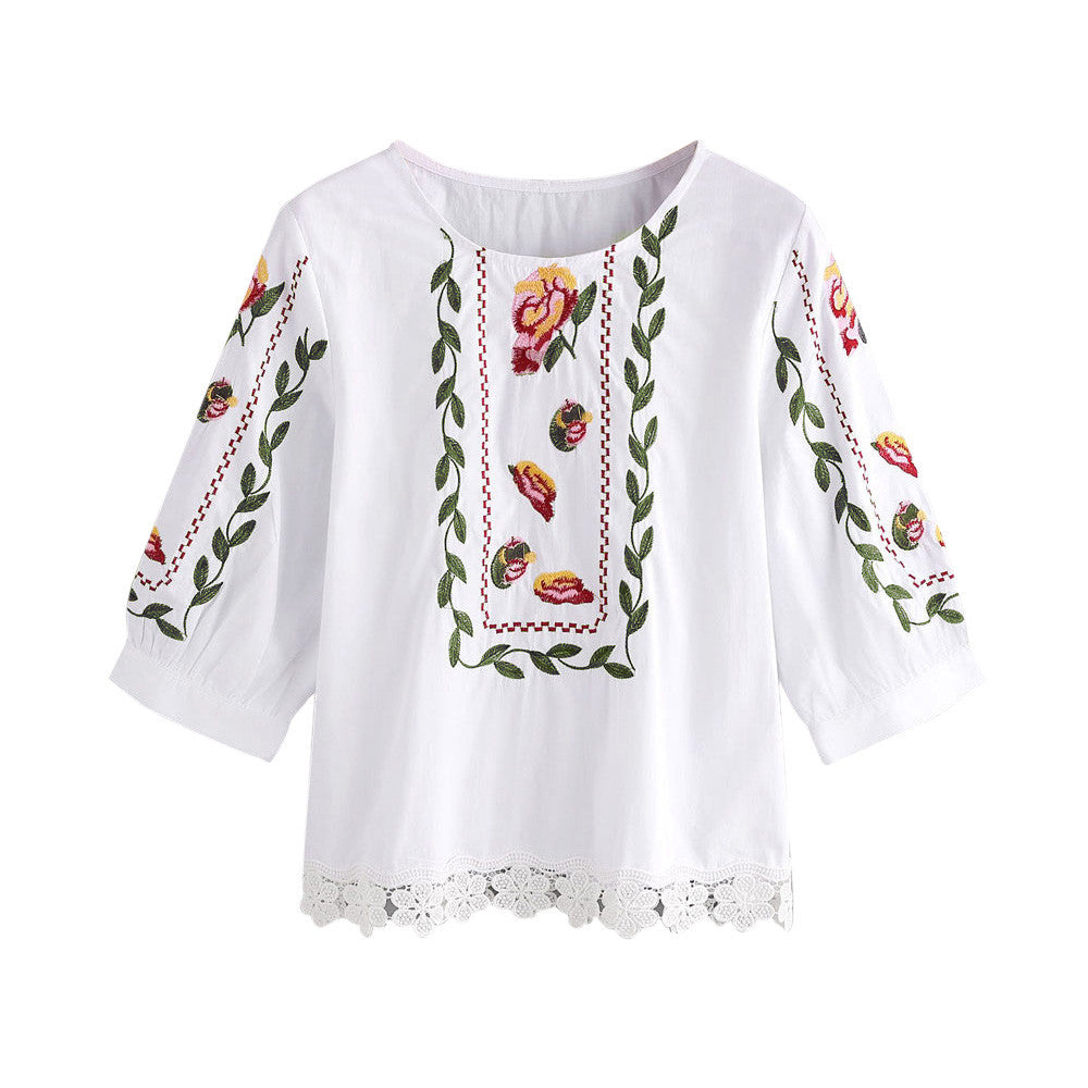 Women Lace Floral Flower Printed Blouse Casual Tops Loose T-Shirt - Flickdeal.co.nz