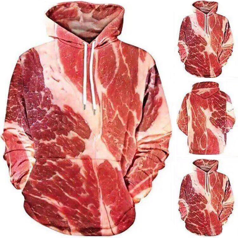 Unisex 3D Printed Raw Meat Pullover Long Sleeve Hooded Sweatshirt Tops Blouse - Flickdeal.co.nz